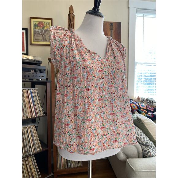 Shoshanna M Ditsty Floral Ruffle Sleeve Silk Top Blouse Cottage Peasant Top Tank - Picture 3 of 10